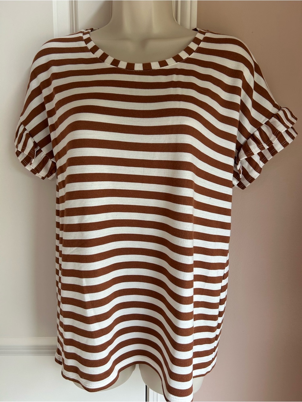 Striped Short Sleeve Women’s Top in Brown and White